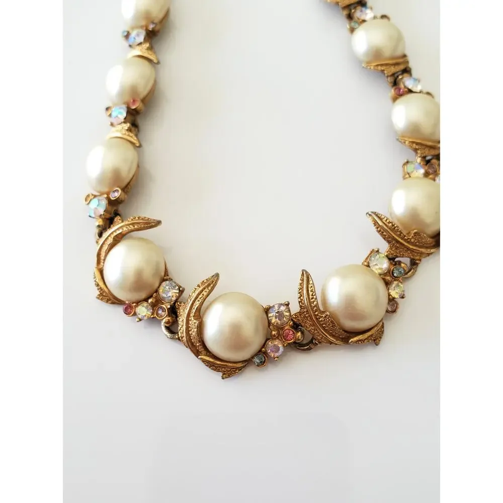 Vintage Art Designer Faux Pearl and Rhinestone Necklace